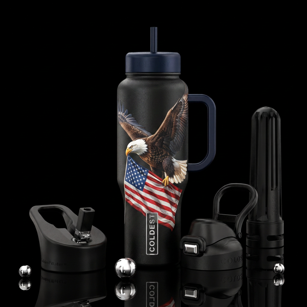 Bald eagle in flight holding American flag in its ... water bottle design