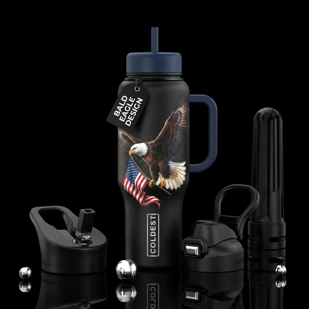 Bald eagle in flight holding American flag in its ... water bottle design