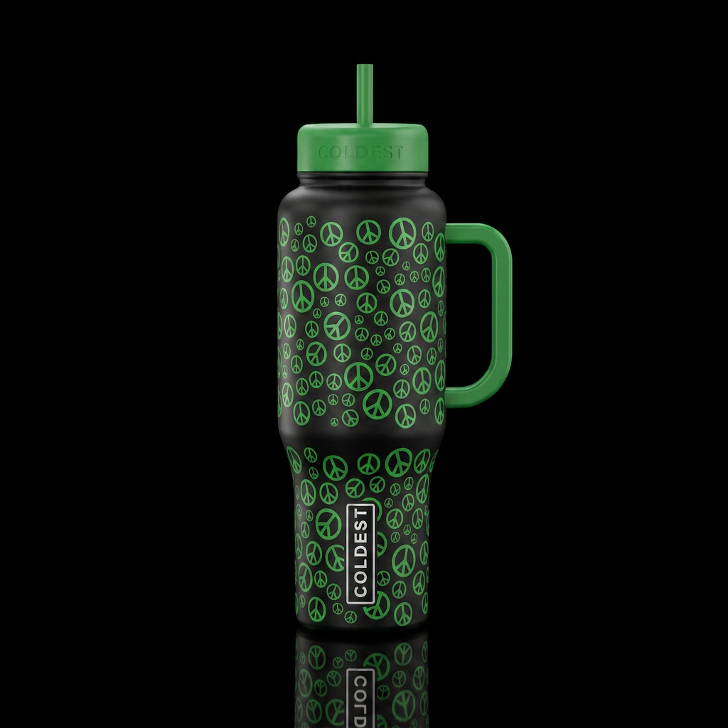 Black bottle with small green peace symbols swirli... water bottle design