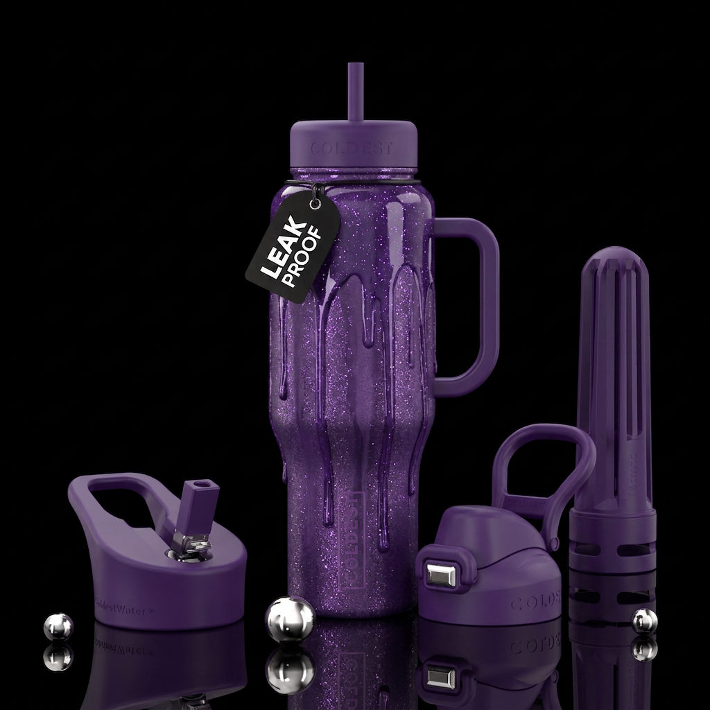 Dreamy purple dripping paint with light glitter water bottle design