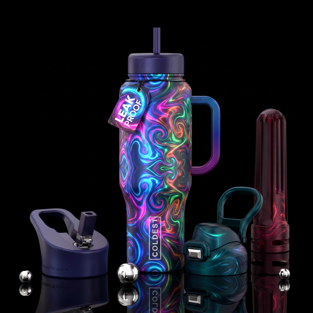 kaleidoscope, glowie, vibrant, electric, swirls water bottle design
