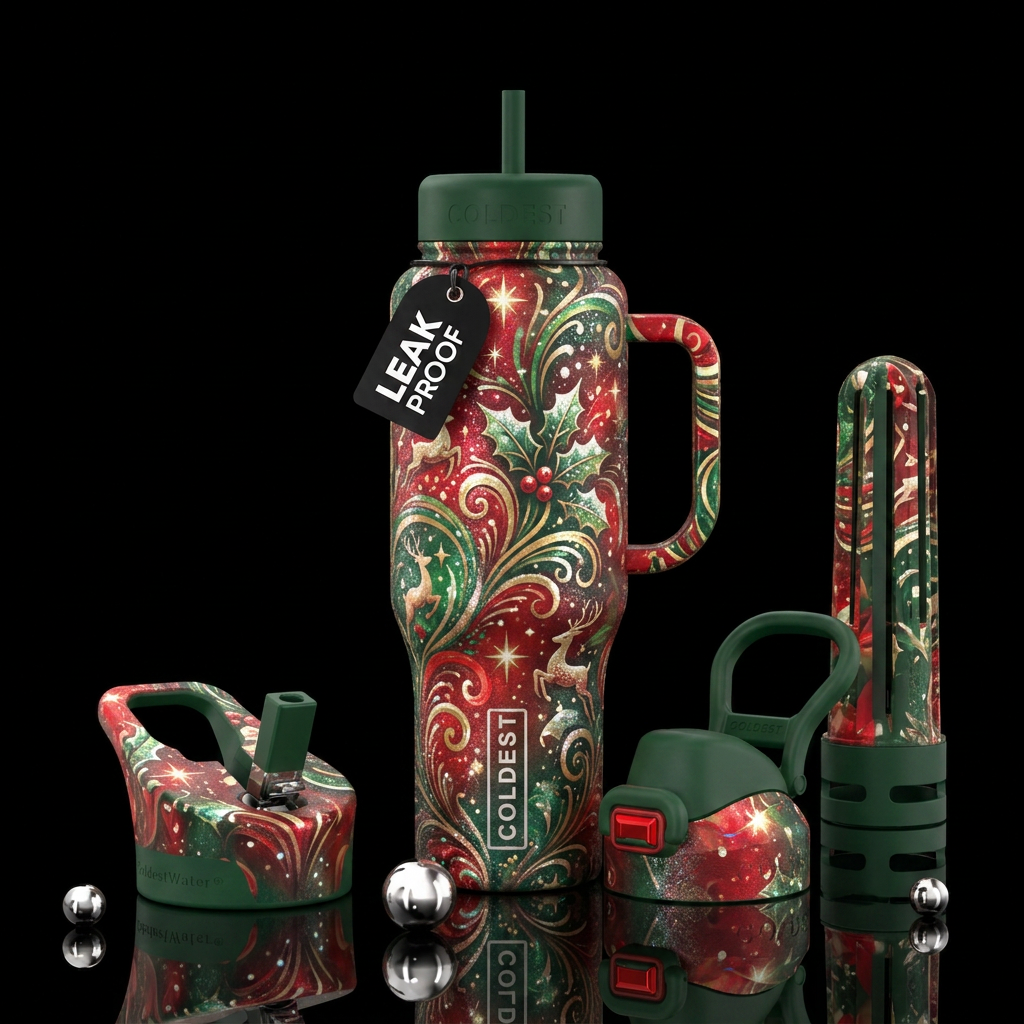 christmas, whimsical, sparkly, magical, happy mood water bottle design