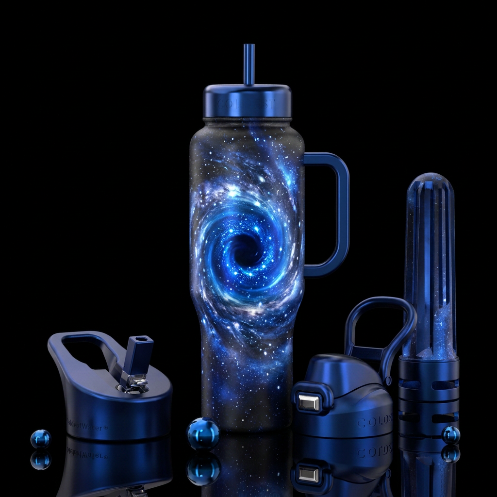 black hole, sapphire, sparkly, explosive water bottle design