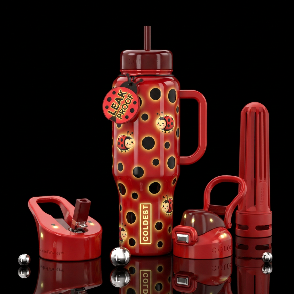 ladybug, glowie, whimsical, happy mood water bottle design
