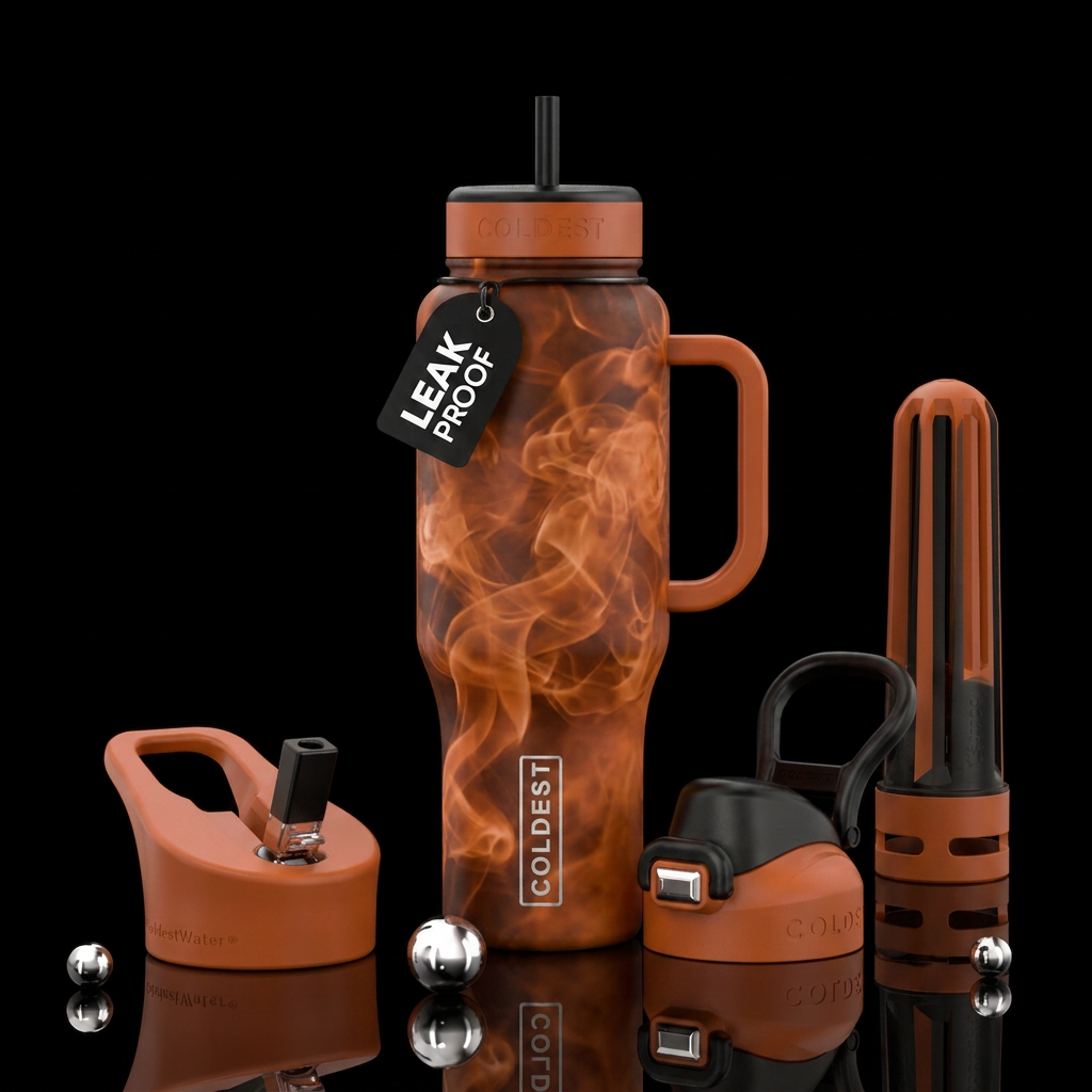 burnt orange, smoke, swirls, happy mood water bottle design