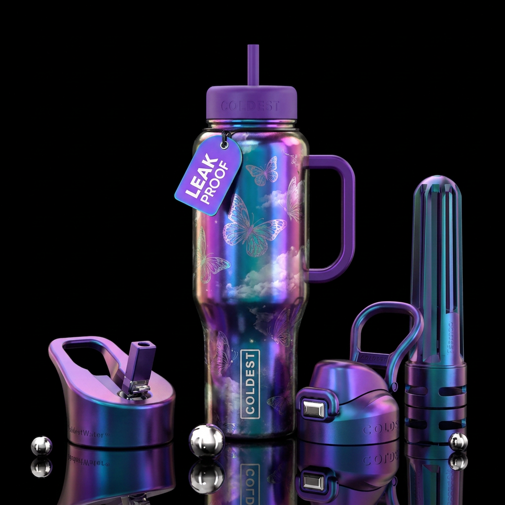 irridescent, butterfly, clouds, magical, shiny water bottle design