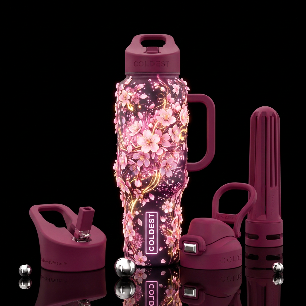cherry blossom season, glowie, sparkly, vibrant, e... water bottle design