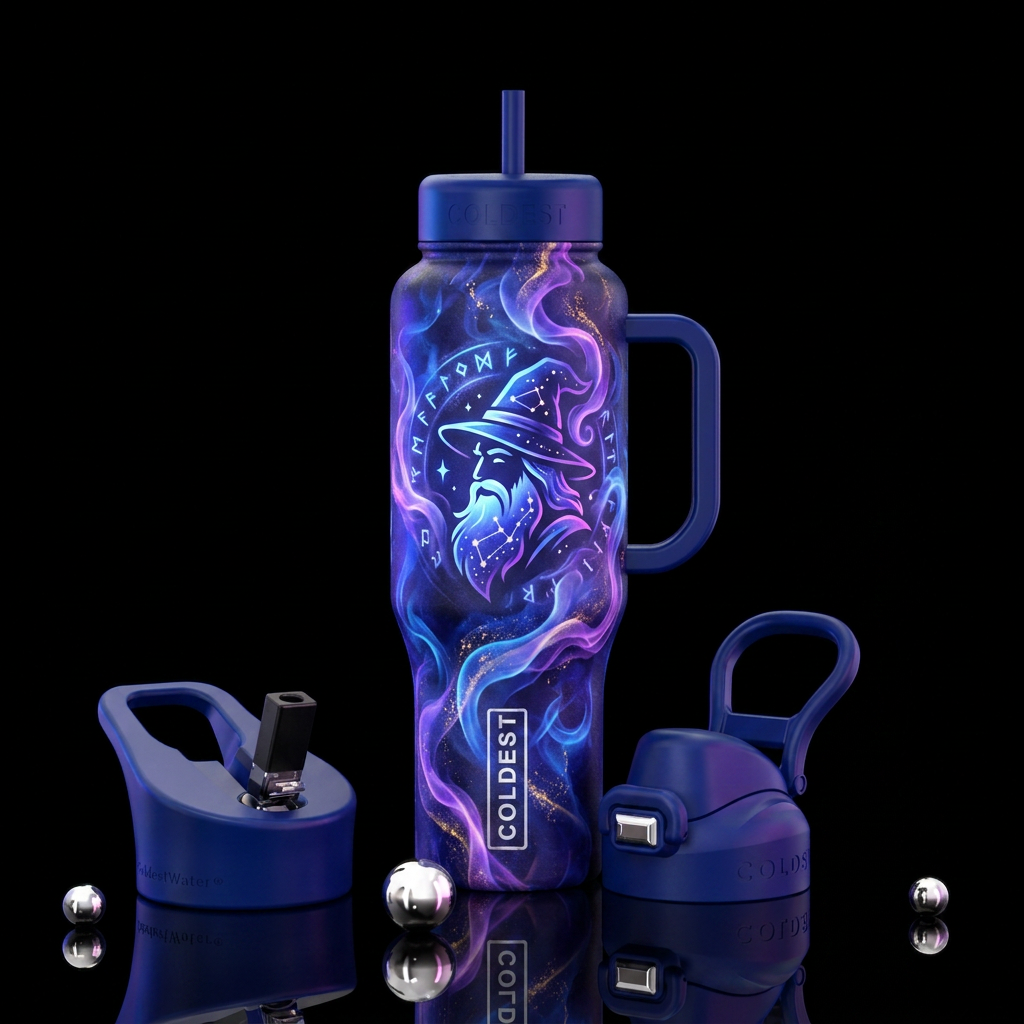 electric, magical, happy mood, wizard, smoke water bottle design