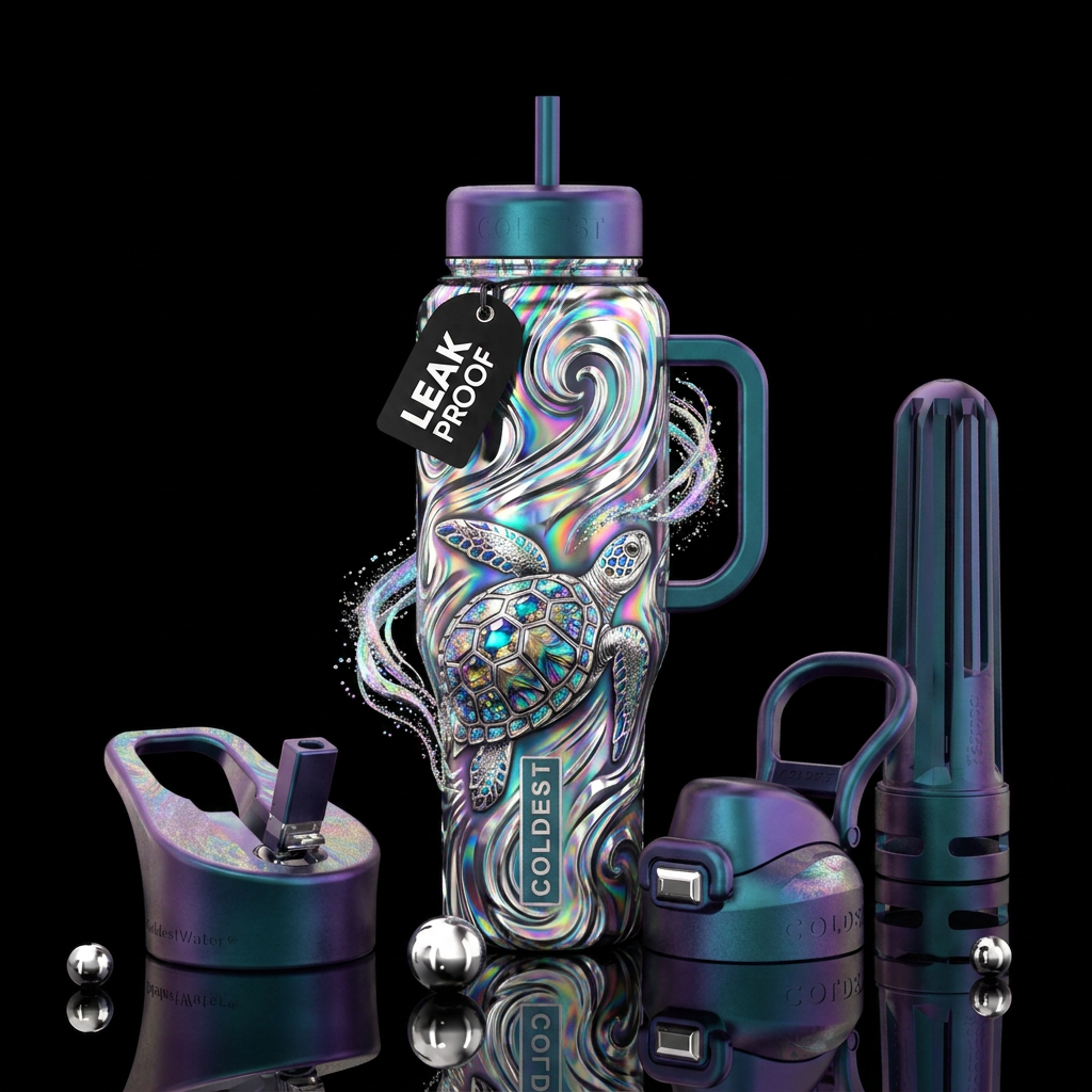 hologram, chrome, turtle, magic water bottle design