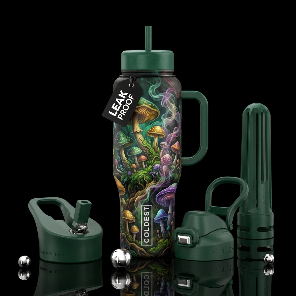 mushroom forest, smoke, whimsical, fantasy water bottle design