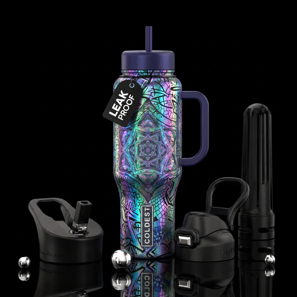 fractals, street art, holographic, beautiul water bottle design