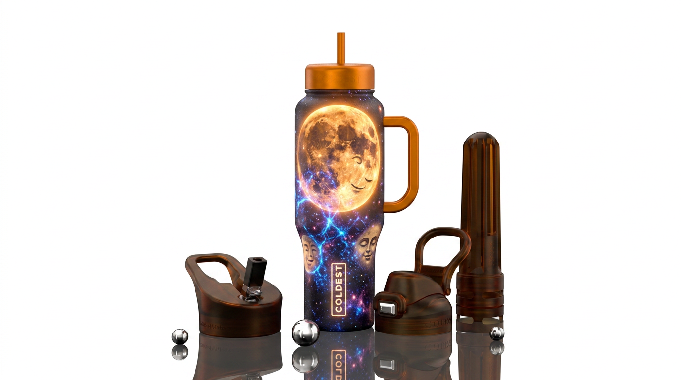 harvest moon, glowie, electric, happy mood water bottle design