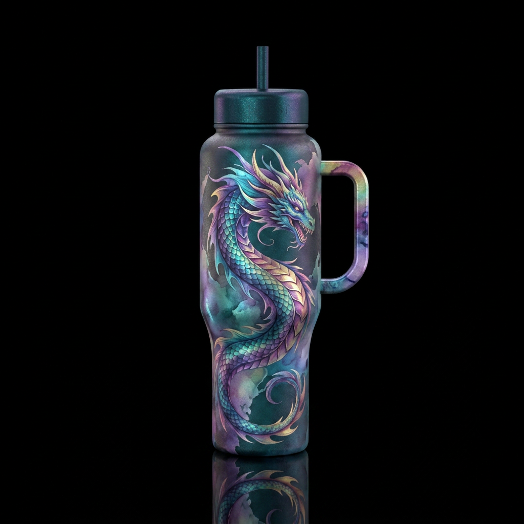 dragon, watercolor, irridescent water bottle design