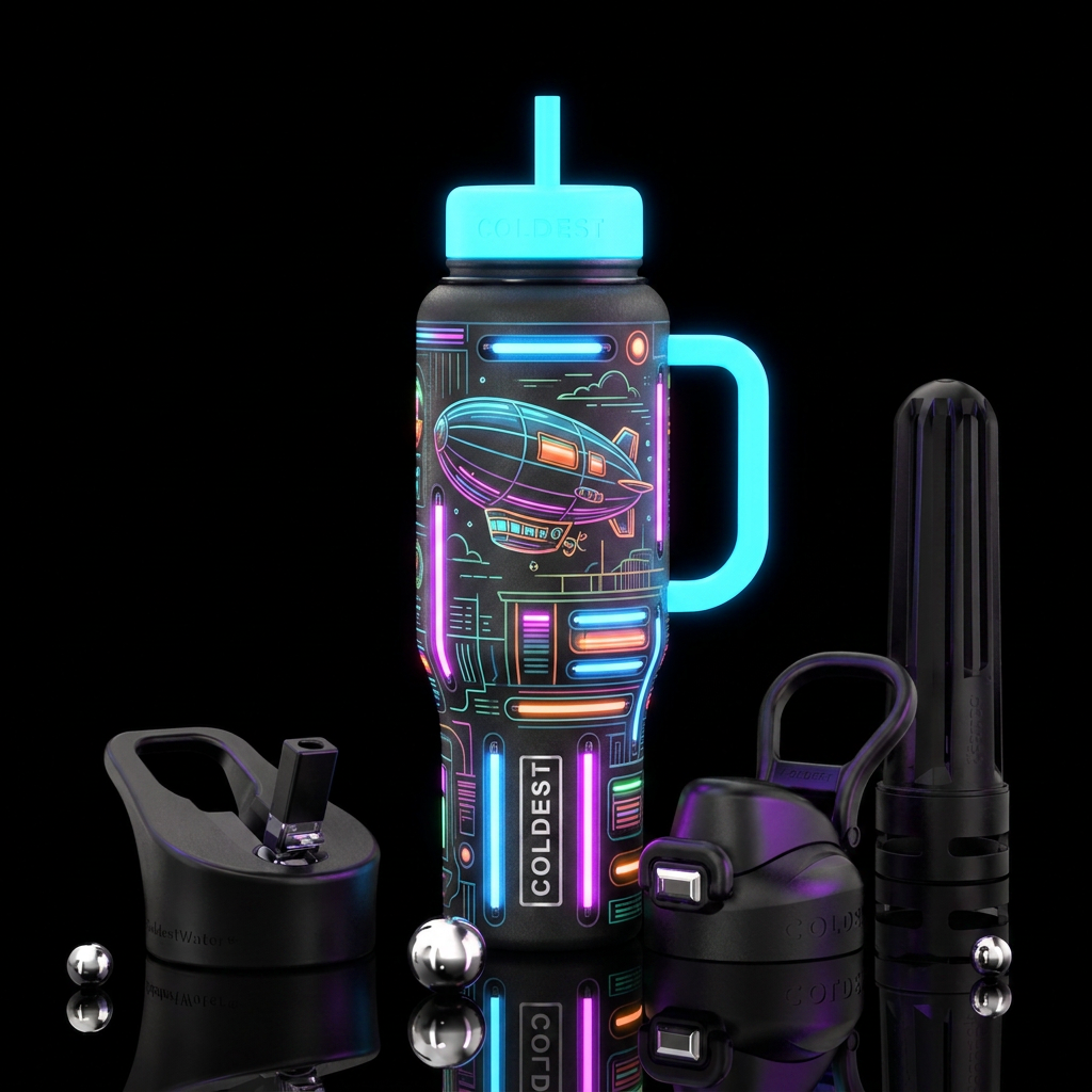 neon lights, airship, mid century, glowie water bottle design