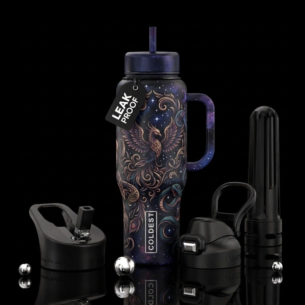 hidden realm, tattoo style, dark mood water bottle design