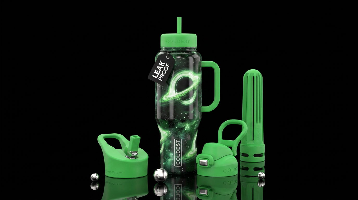 black hole, green, water bottle design