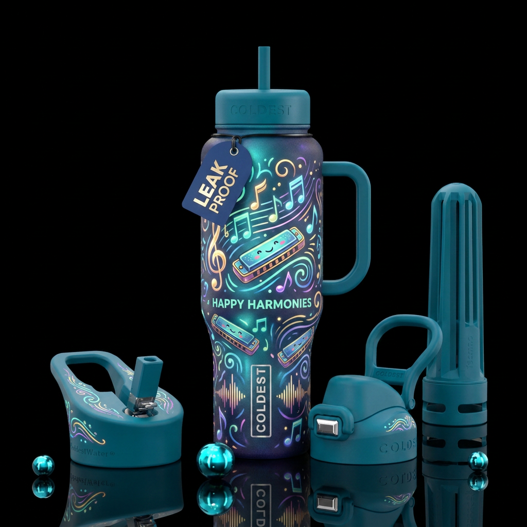 harmonica, glowie,, whimsical, happy mood, music water bottle design