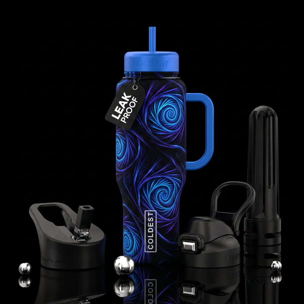 intense, electric, dark mood, spirals water bottle design
