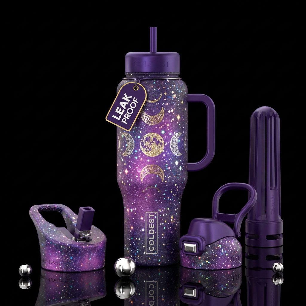 magical, sparkly, moon water bottle design