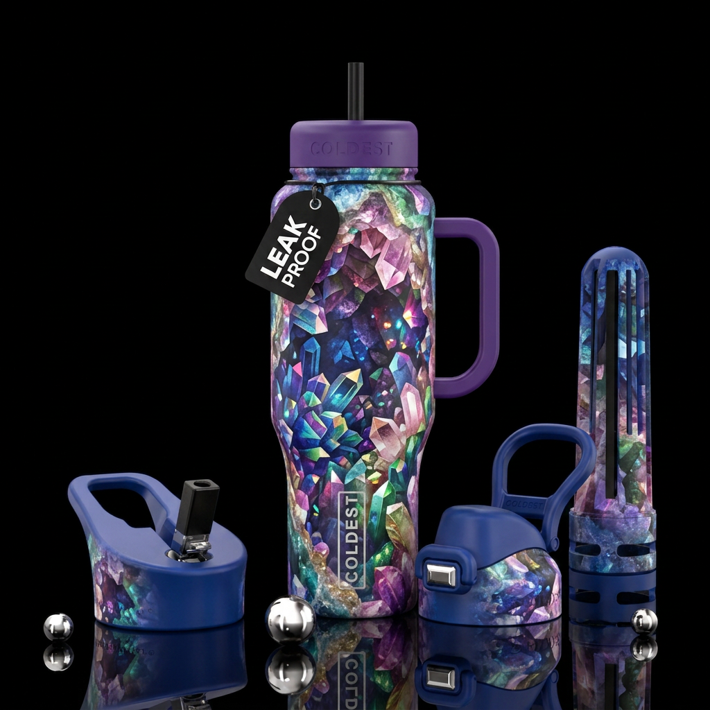 crystal cave, multi colored water bottle design