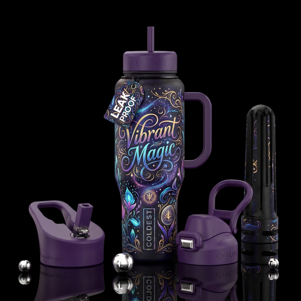 lettering, vibrant, magical water bottle design