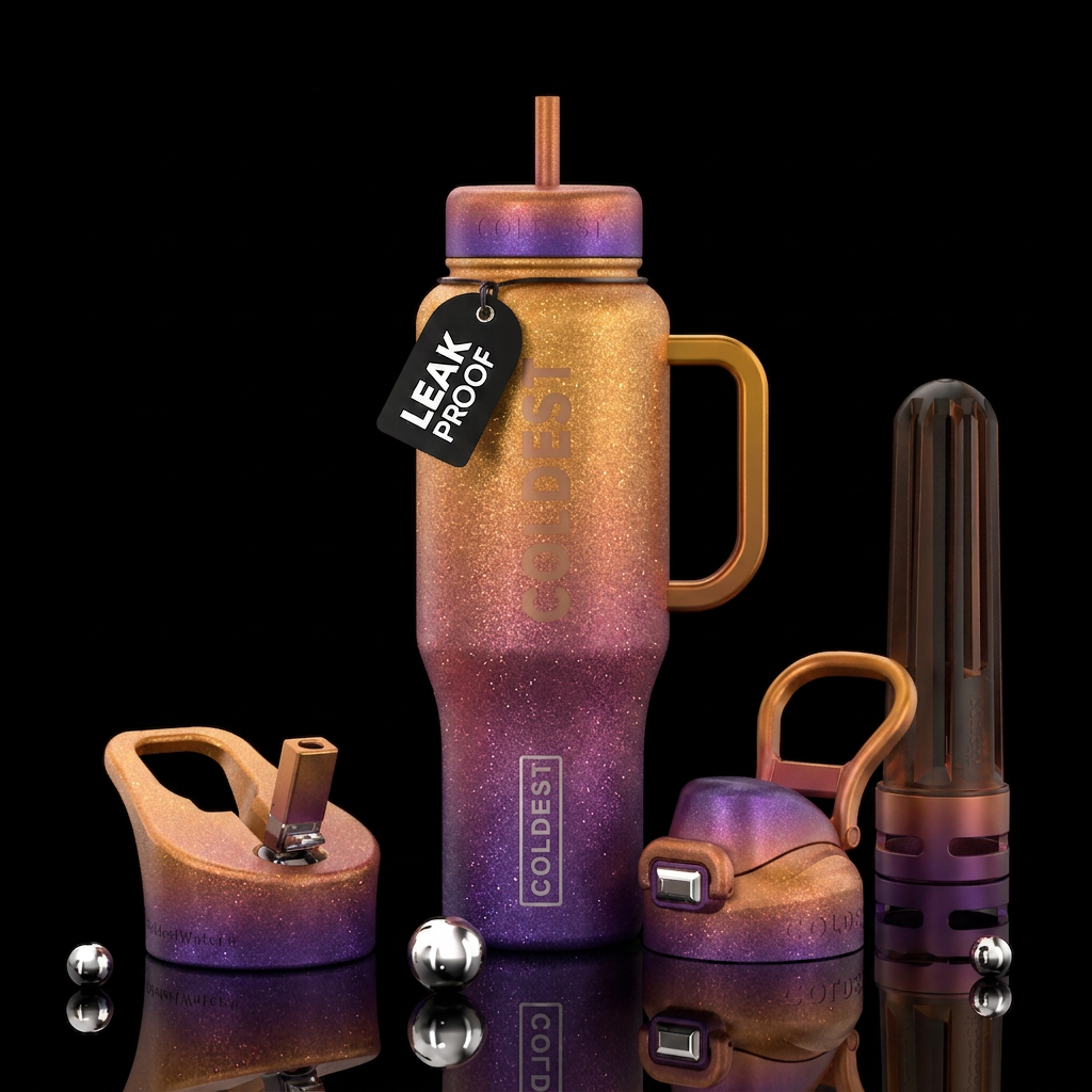 sunset, sparkly, magical water bottle design