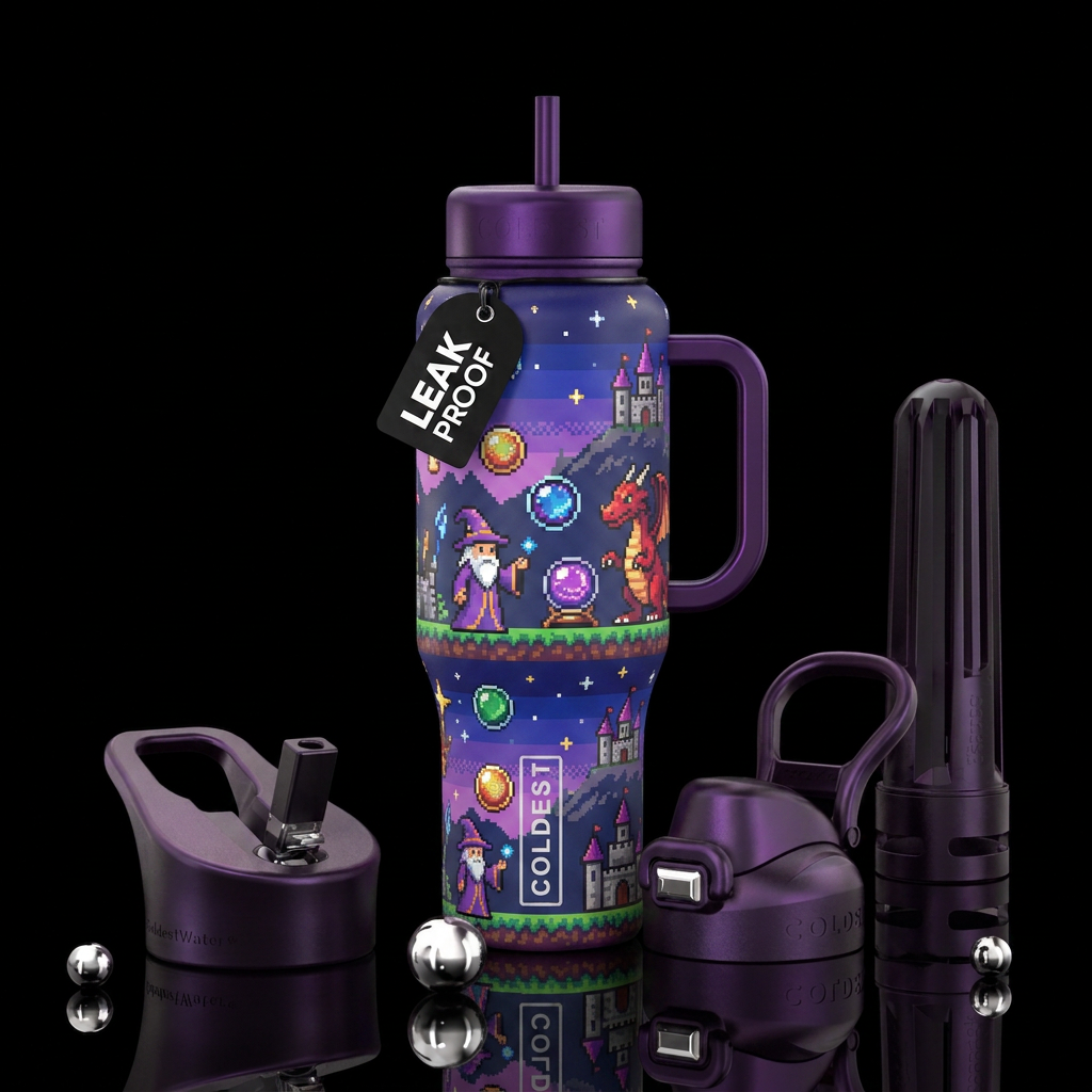 8-bit, magical, fantasy water bottle design