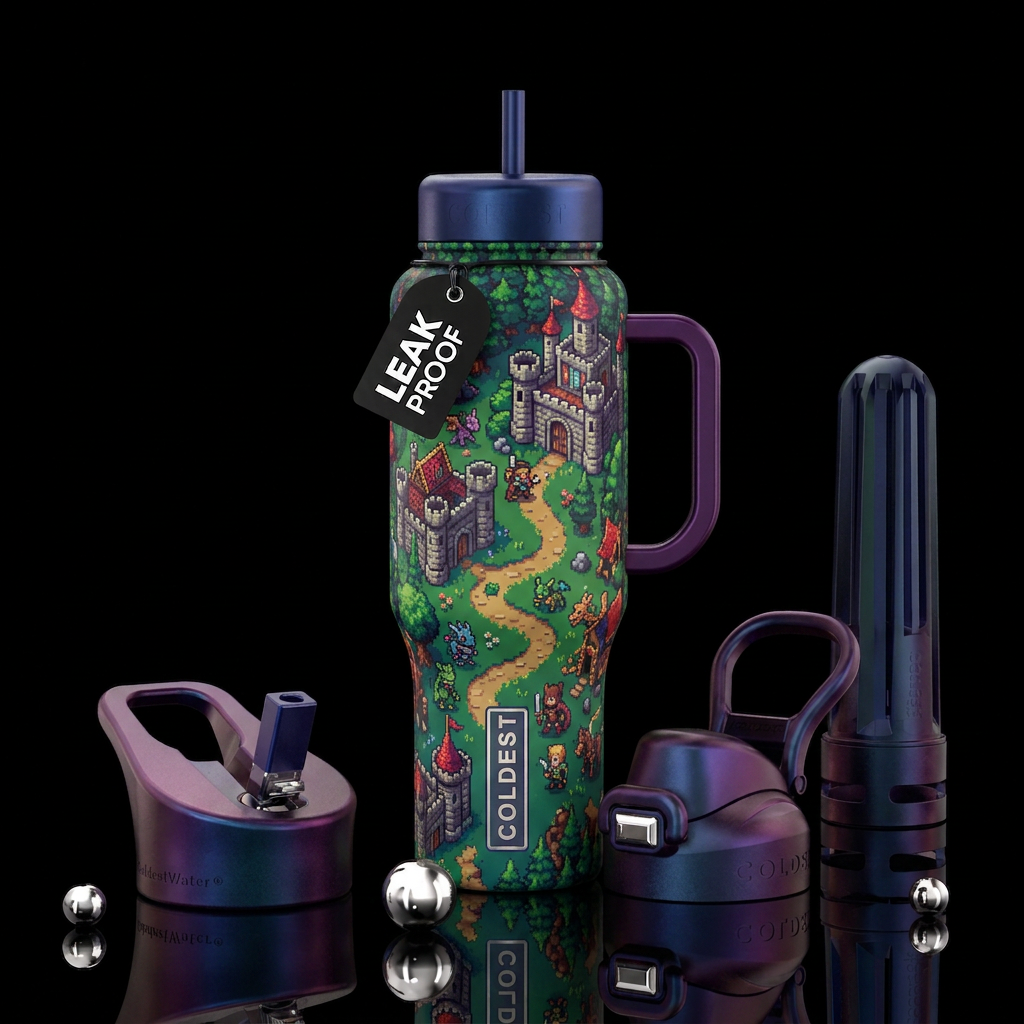 8-bit, magical, fantasy water bottle design