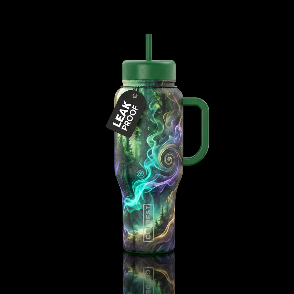 misty forest, smoke, spirals water bottle design