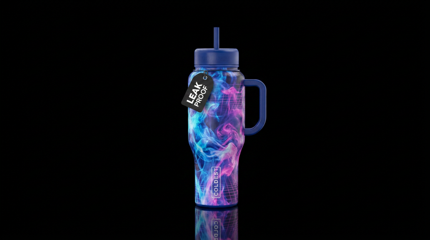 vaporwave, smoke, blue water bottle design