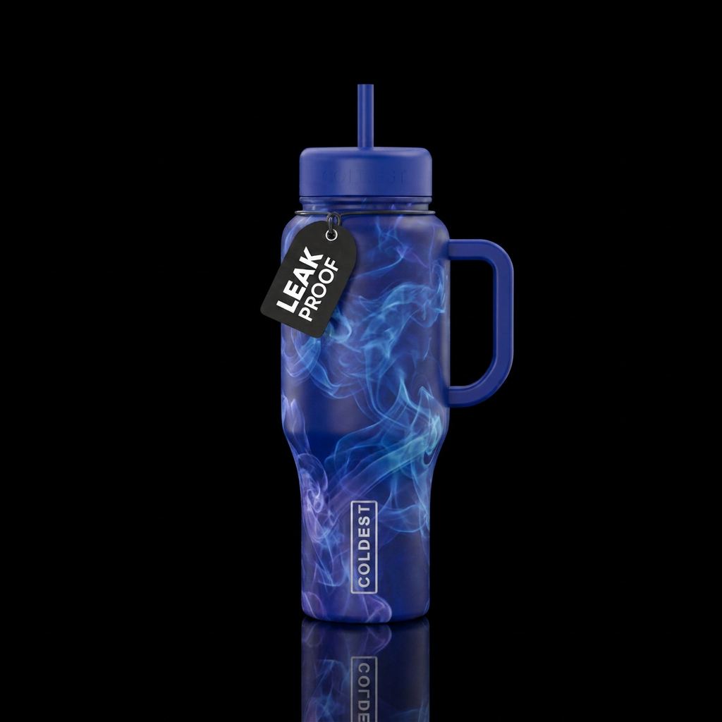 vaporwave, smoke, blue water bottle design