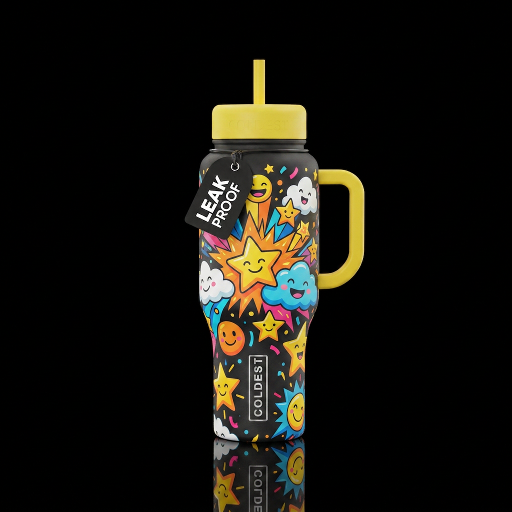 explosive, happy mood, cartoon water bottle design