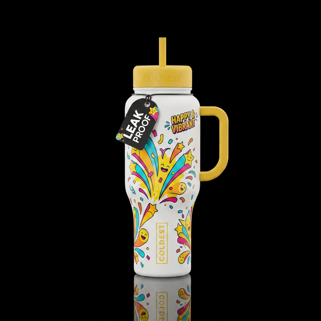 explosive, happy mood, cartoon water bottle design