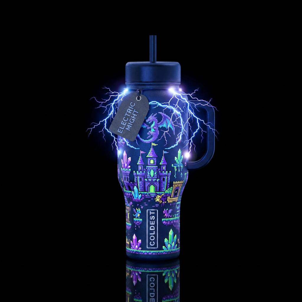 pixel art, fantasy, electric water bottle design