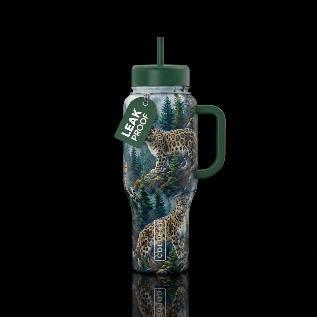 snow leopard, forest water bottle design