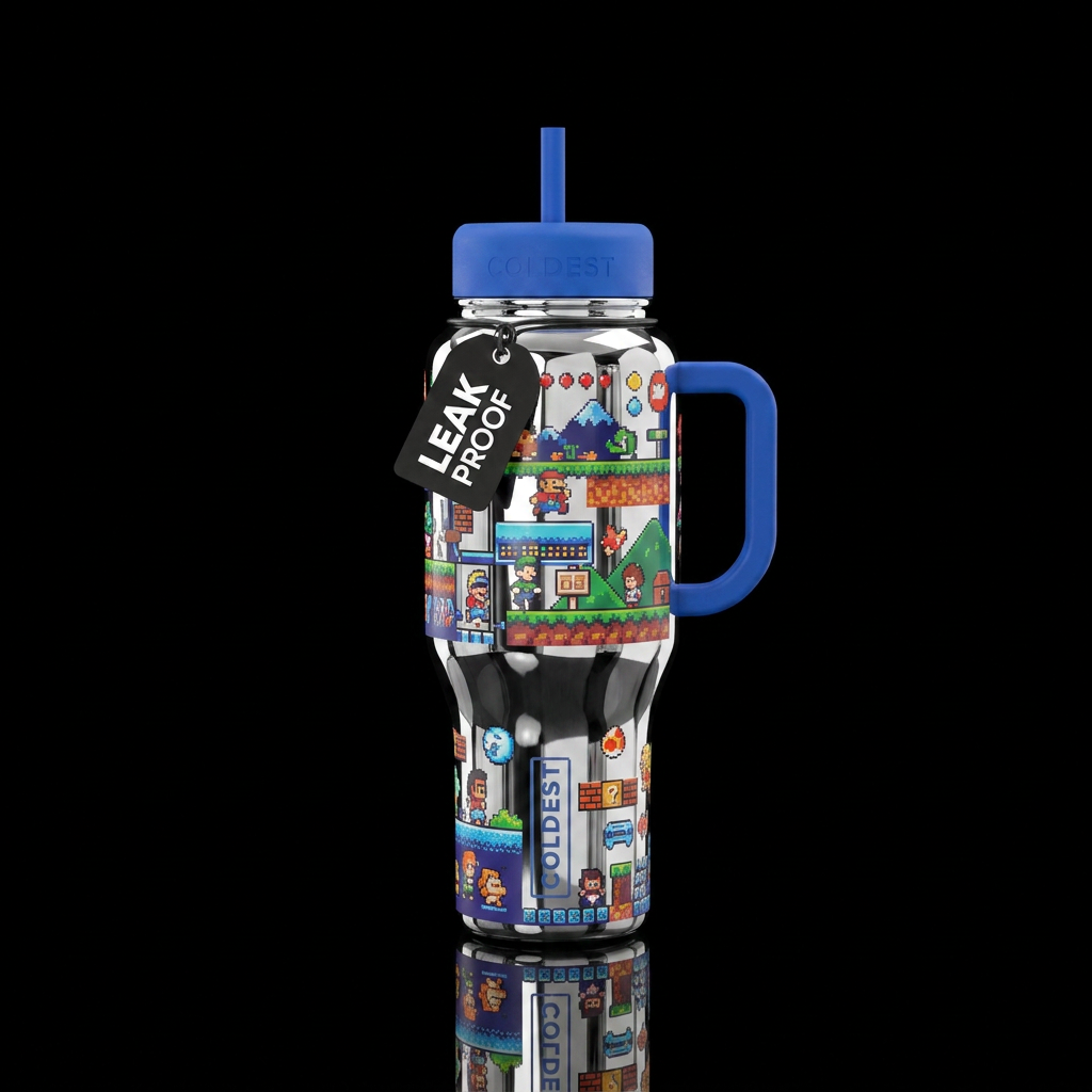 pixel art, chrome water bottle design