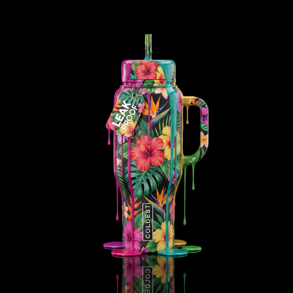 tropical flowers, beautiul, vibrant, dripping water bottle design