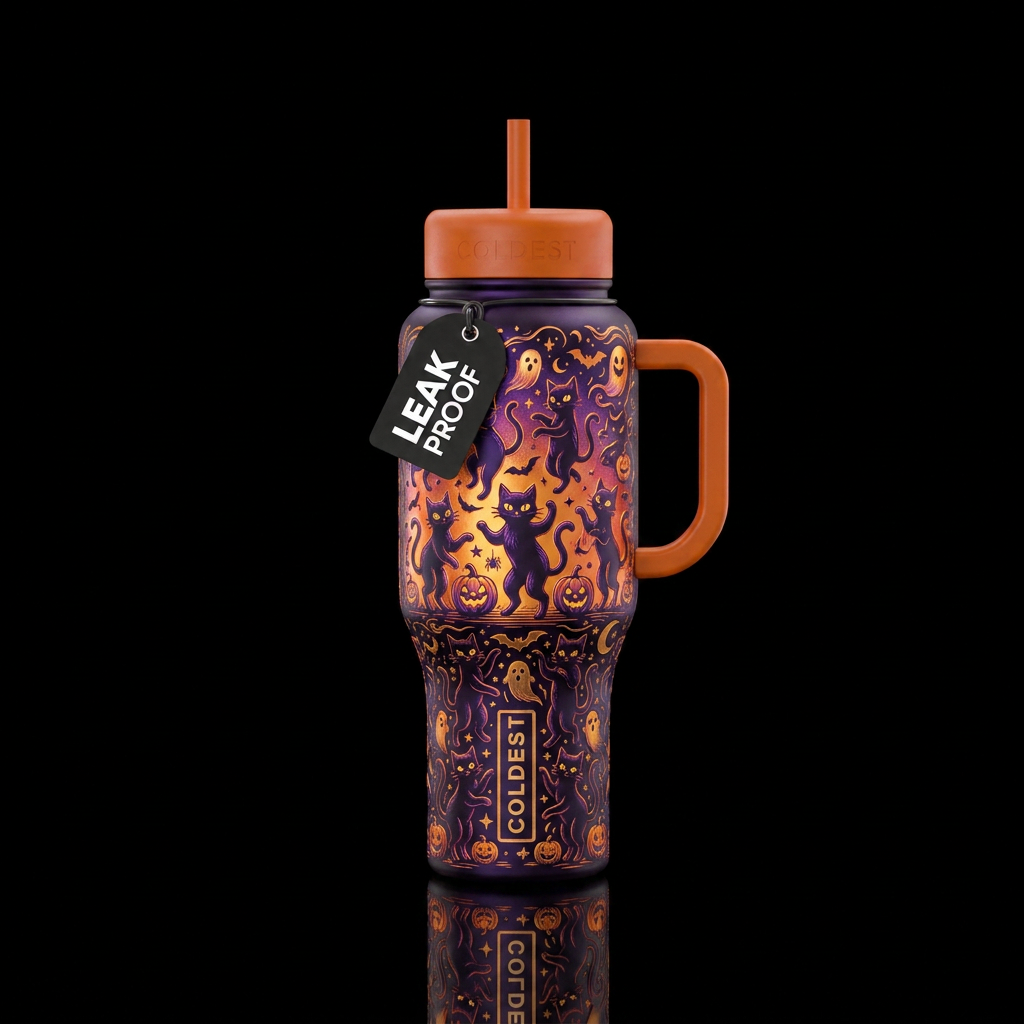 Dancing halloween, cat water bottle design