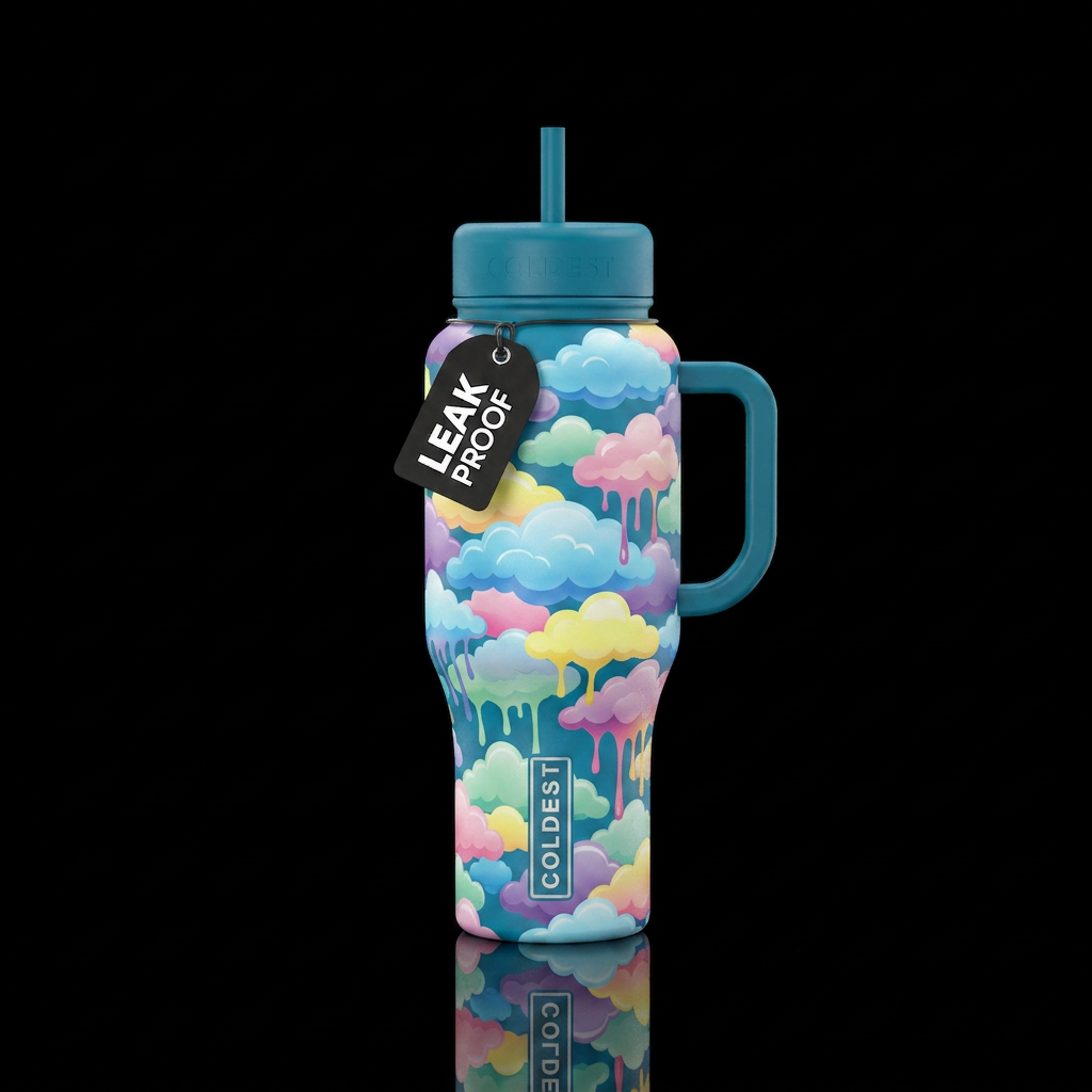 clouds, whimsical, dripping water bottle design