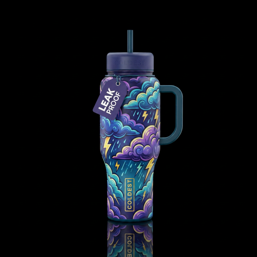 thunderstorm, whimsical water bottle design