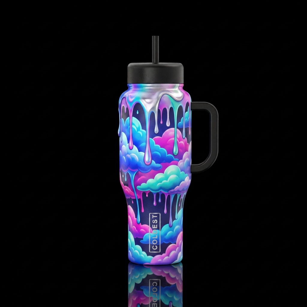 clouds, whimsical, dripping water bottle design