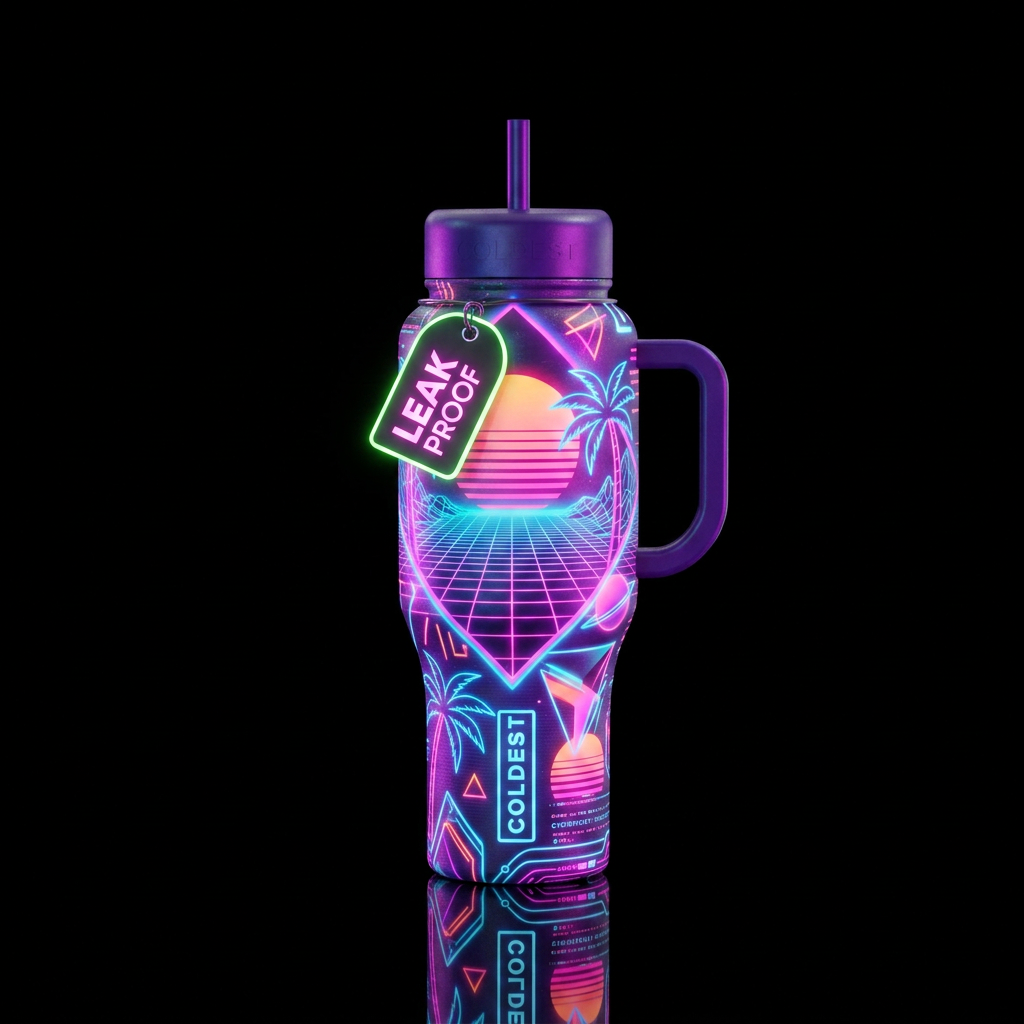 retrowave, glowie water bottle design