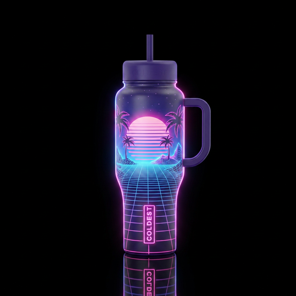 retrowave, glowie water bottle design