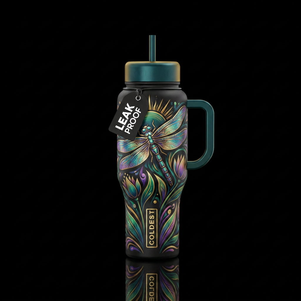 dragonfly, happy mood water bottle design