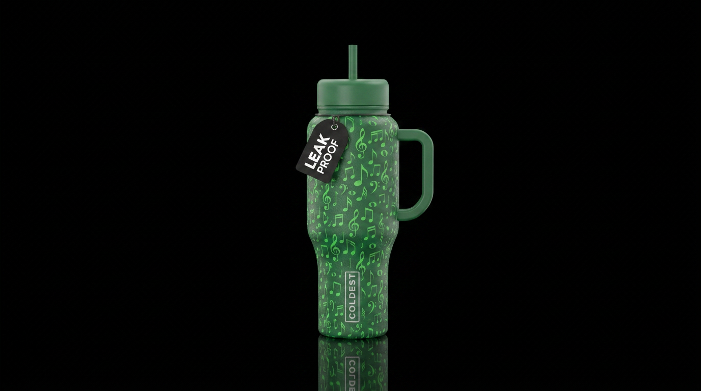 Small music notes, green water bottle design