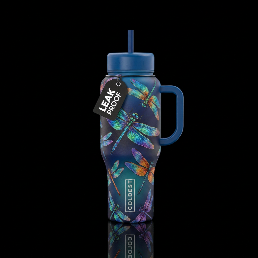 dragonfly, happy mood water bottle design