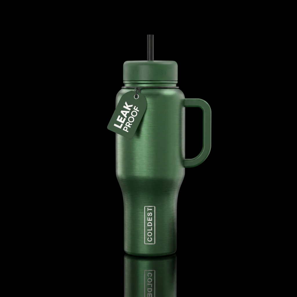 brushed metal, green water bottle design
