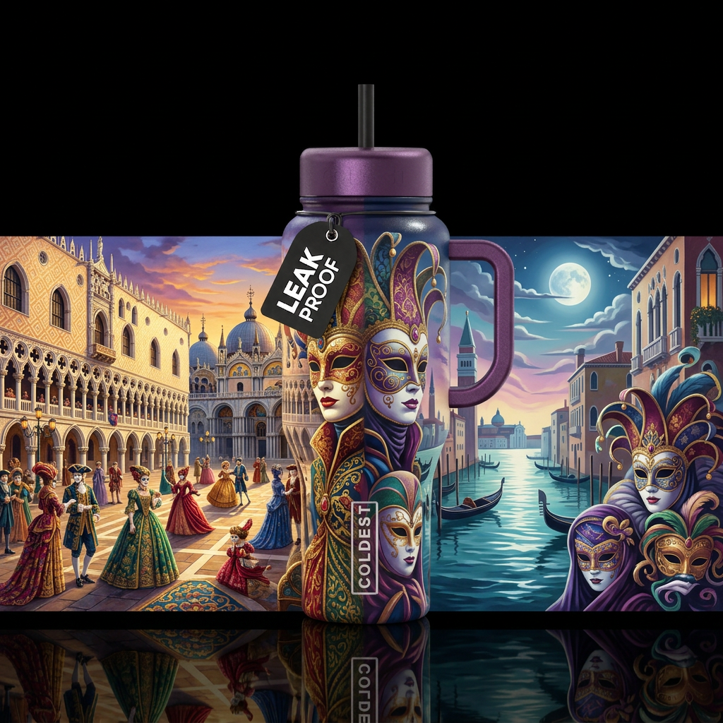 parallel worlds, venetian masquerade water bottle design