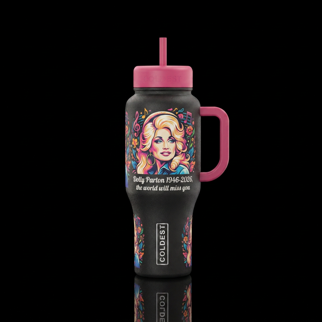 Dolly Parton 1946-2026, the world will miss you water bottle design