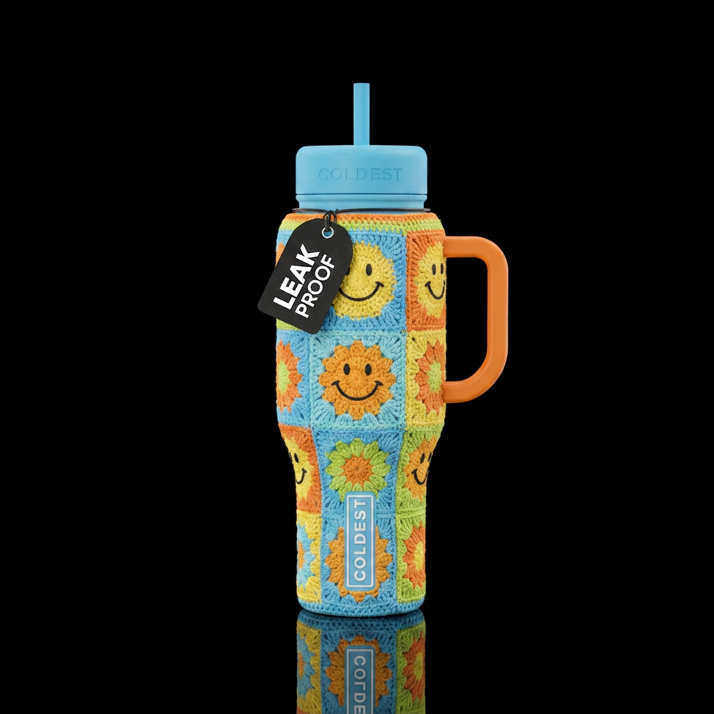 crochet, happy mood water bottle design